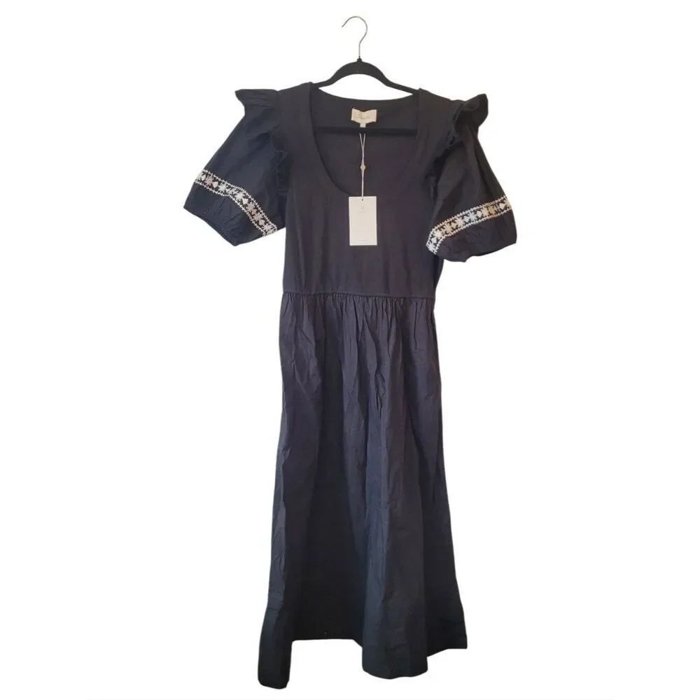 Cleobella Selma Black Puff-Sleeve Midi Dress with Embroidered Trim Size L NWT